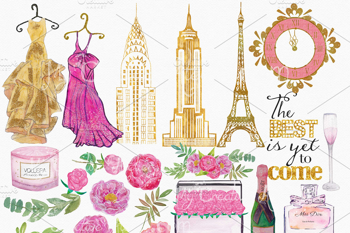 New Year's Glam Watercolor Clipart, an Illustration by My Creative Atelier (Photo 2 of 4)