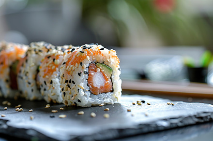 Assorted tasty sushi food on black board, a Food & Drink Photo by AlyaAnd