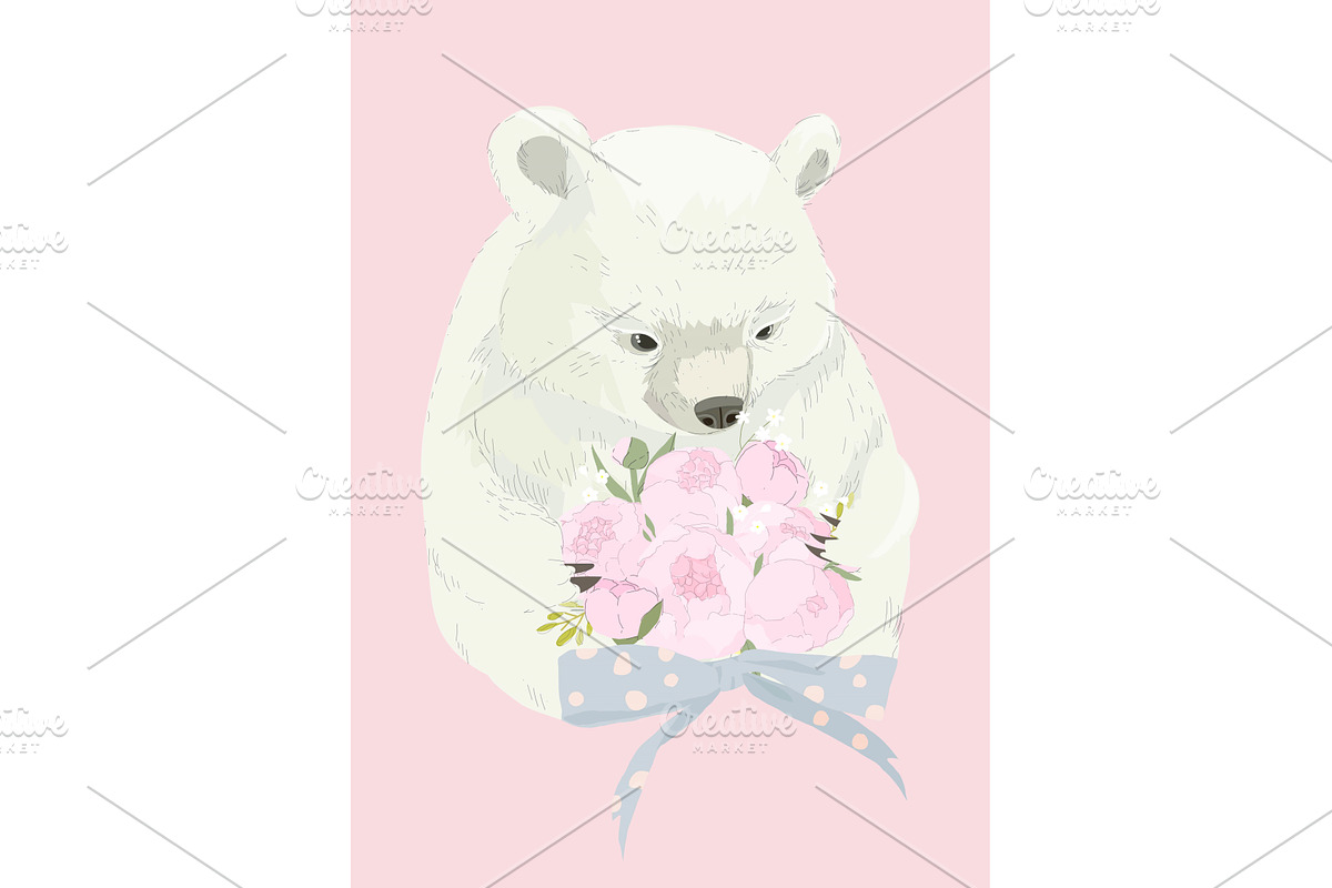 Cute Polar Bear holding Bouquet of, an Animal Illustration by Maria Starus