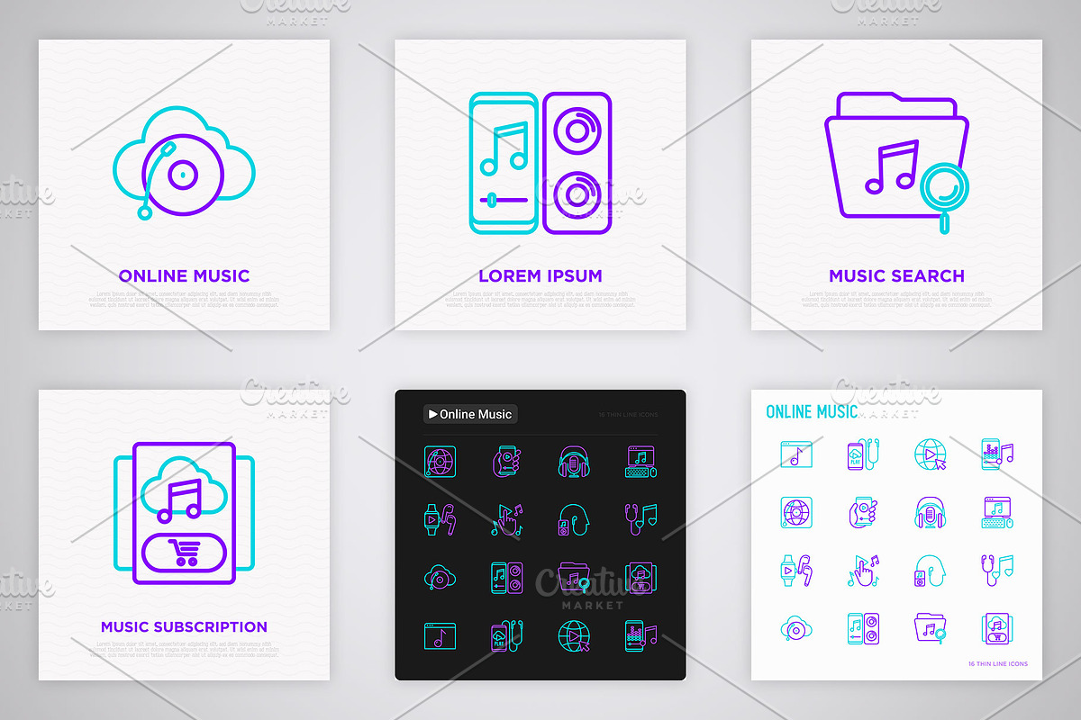 Online Music | 16 Thin Line Icons, an Outline Icon by Alex Blogoodf (Photo 7 of 11)