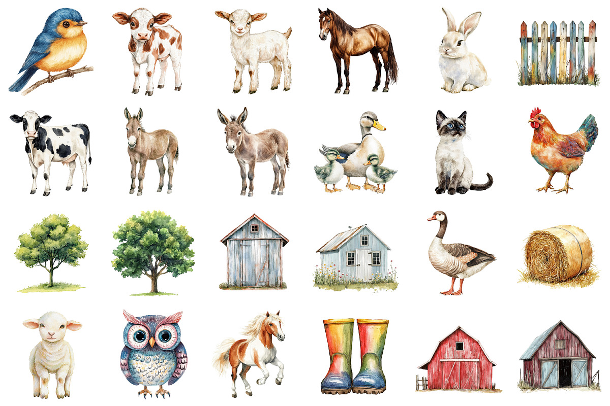Watercolor Farm Animals Clipart, a Seasonal Illustration by designcity5 (Photo 2 of 5)