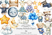 Watercolor Dreamy Animals Clipart, a Seasonal Illustration by Design Market (Thumbnail 1 of 4)