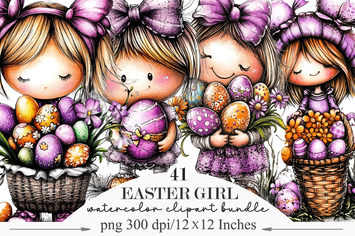 Whimsical Easter Girl Clipart Bundle, an Illustration by Designking (Photo 1 of 5)