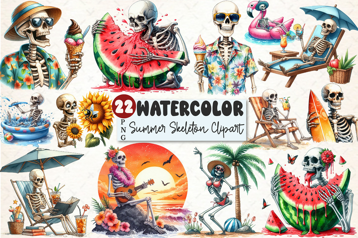Funny Summer Skeleton Clipart, a Seasonal Illustration by Rose Art (Photo 1 of 4)