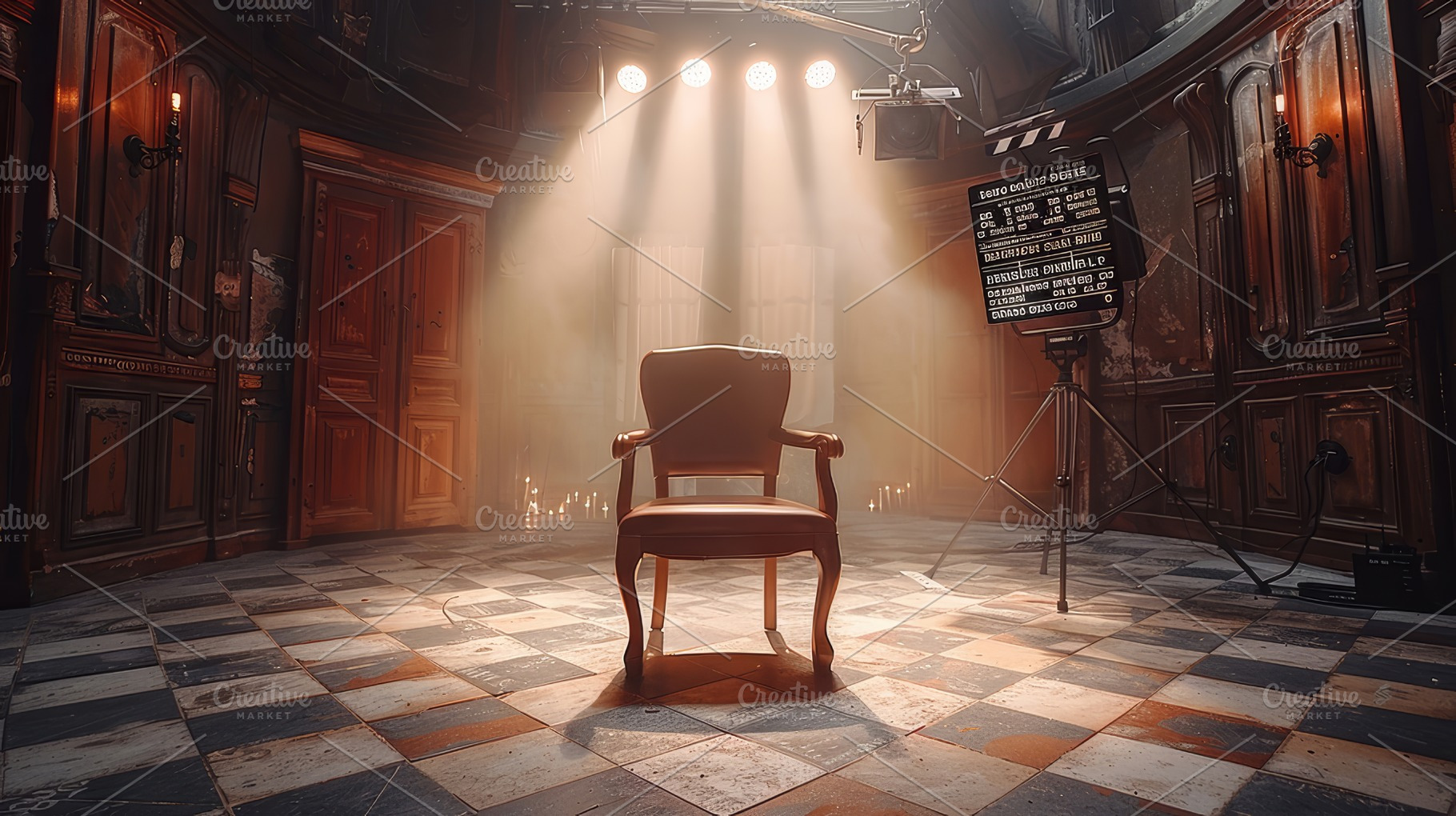 Dramatic Film Set with Director's Chair and Clapperboard Under Spotlight, a Photo by AS photostudio