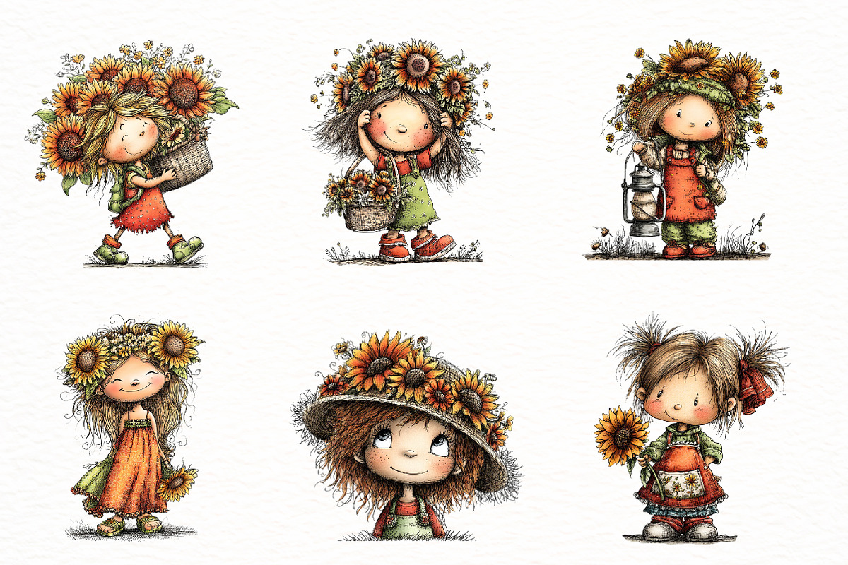 Whimsical Sunflower Girl Clipart, a Seasonal Illustration by Designworld (Photo 2 of 9)