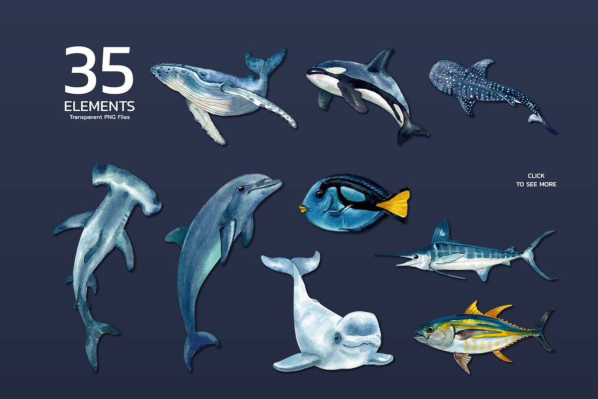 Blue Marine World Watercolor, an Animal Illustration by CreativeValuation (Photo 2 of 12)
