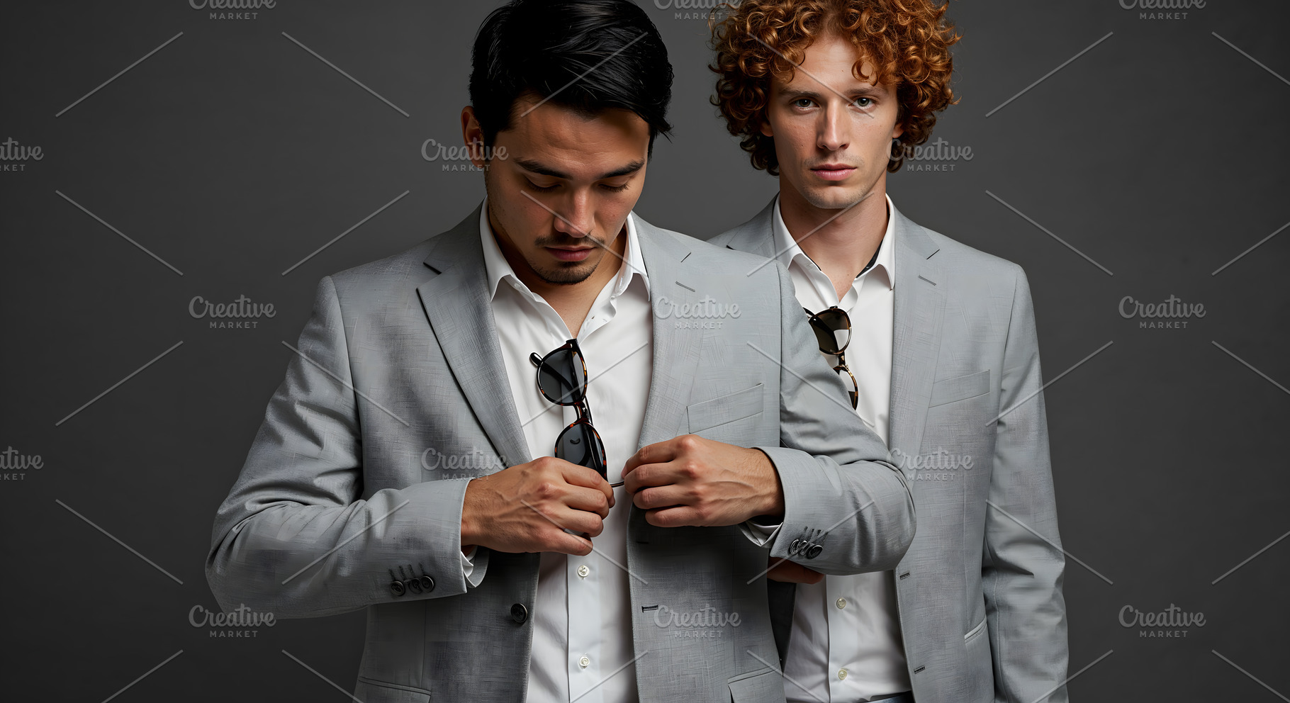 Two Stylish Men in Suits Posing in S, a Beauty & Fashion Photo by Stock Shape