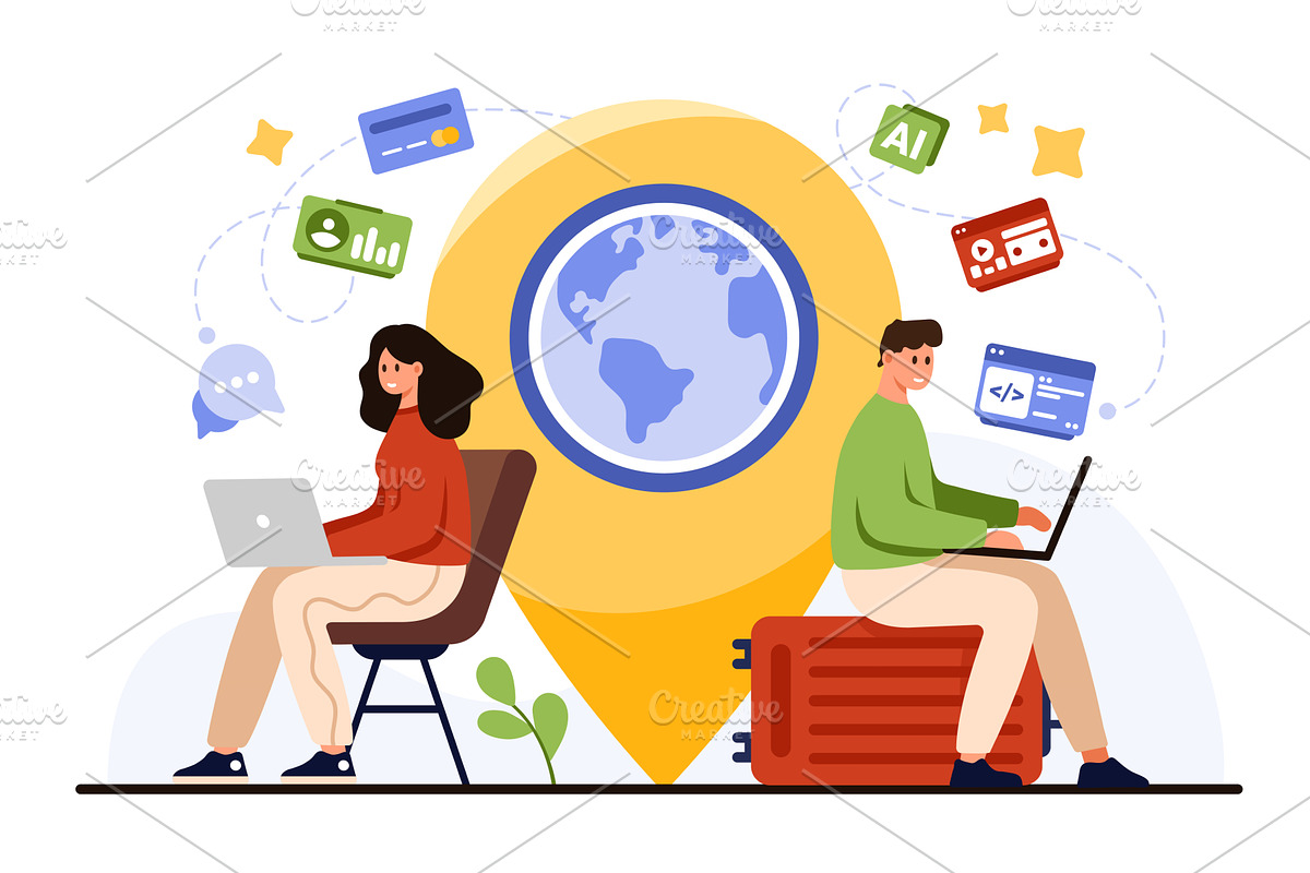 People Using WiFi Hotspot for Remote, a Technology Illustration by Flashvector