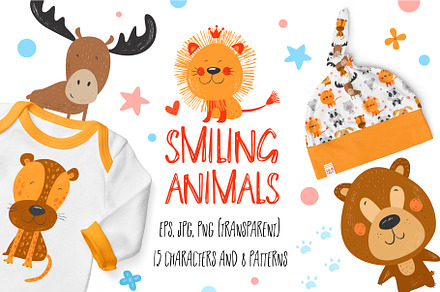 Cute smiling animals. Kids patterns.