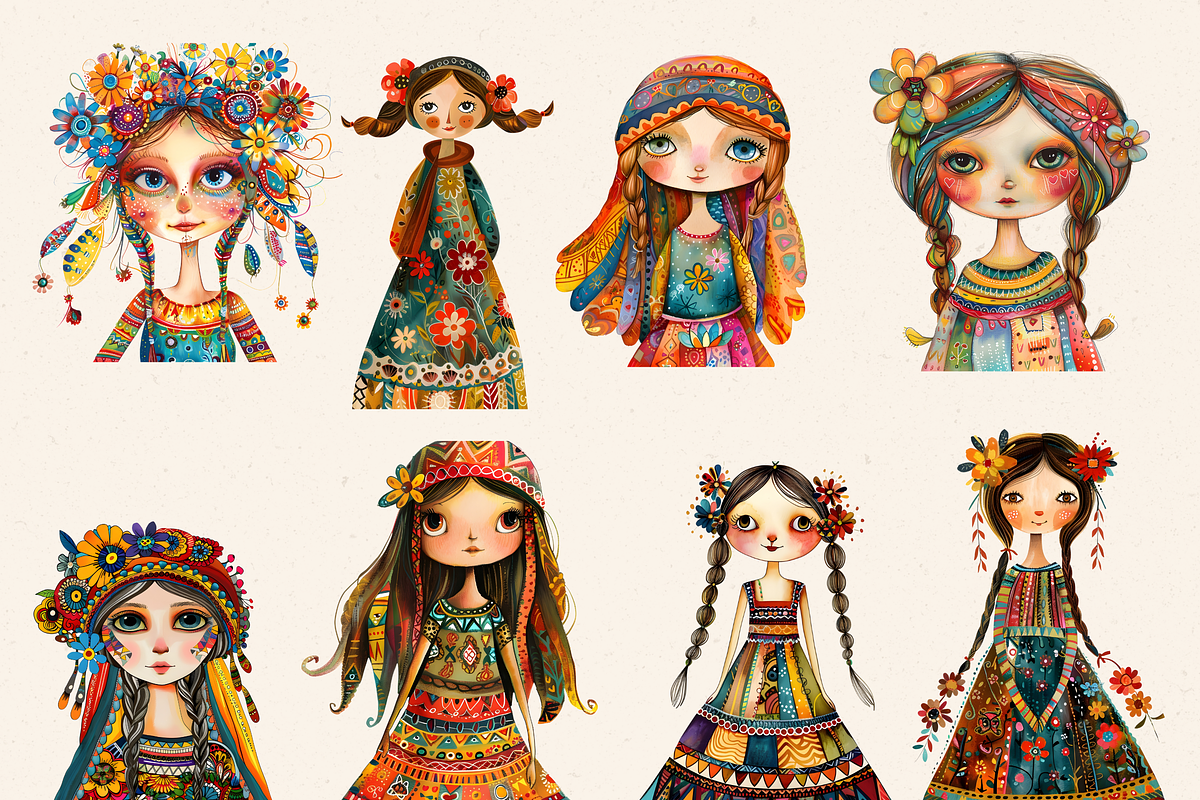 WHIMSICAL FOLK GIRL CLIPART PACK, a Person Illustration by Daring Digies (Photo 5 of 9)
