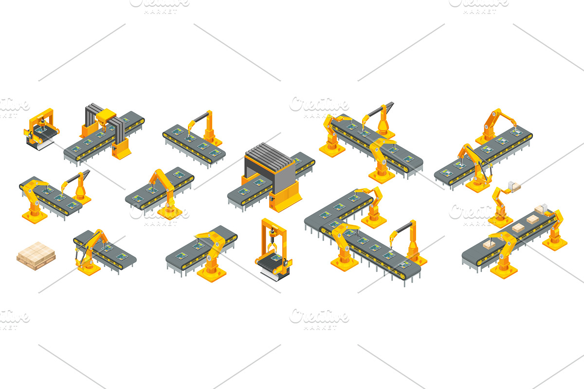 Isometric industrial conveyor line, a Technology Illustration by Yayasya (Photo 1 of 3)