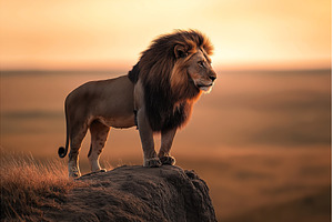 A majestic male lion standing on a, an Animal Photo by Sergey Kotenev
