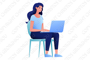Woman Using Laptop Computer Cartoon, a Person Illustration by Christos Georghiou