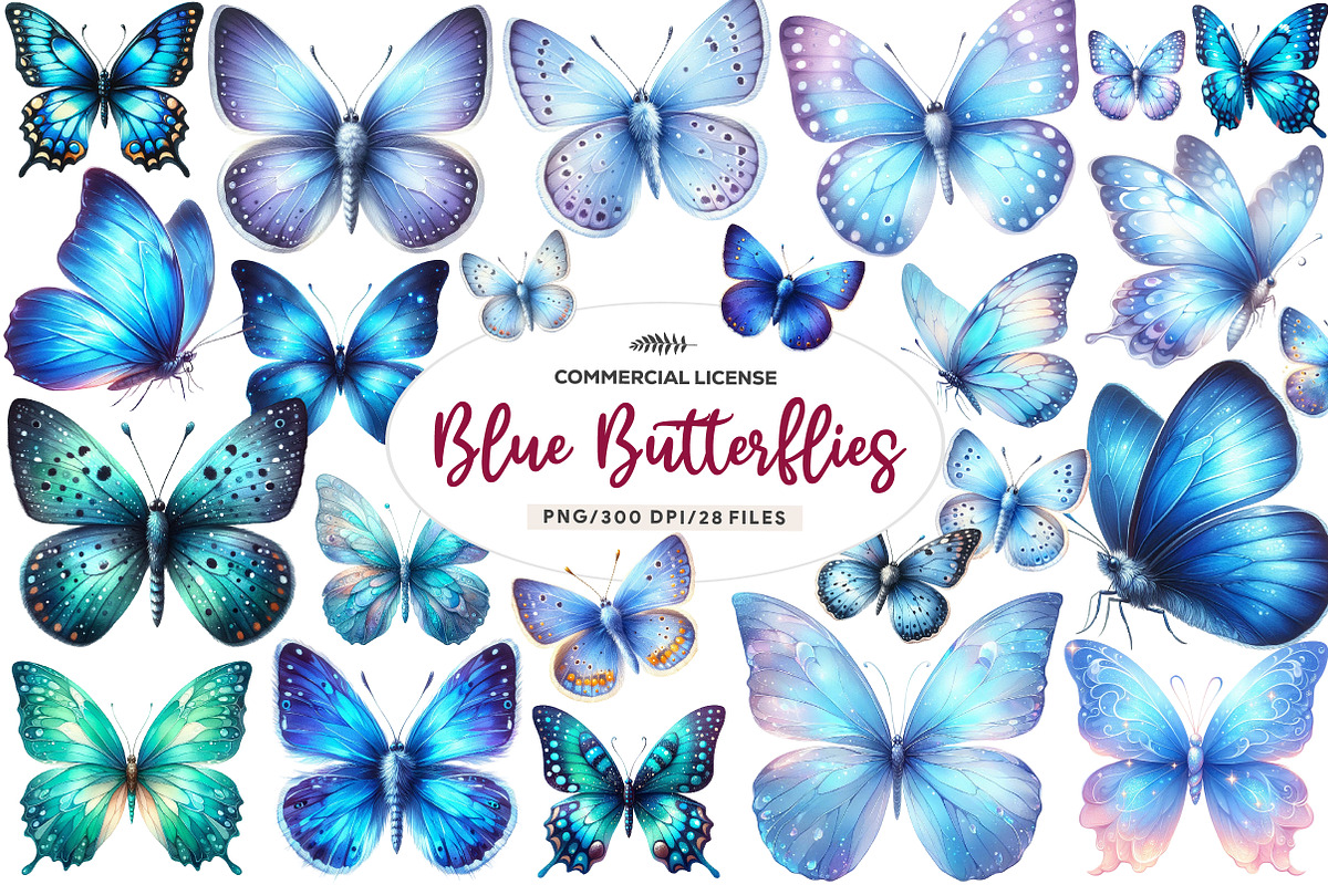 Blue Butterflies watercolor clipart, an Illustration by CreationArt (Photo 1 of 9)