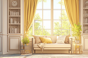 Elegant vintage living room with sunlight streaming through large windows, an Illustration by AS photostudio