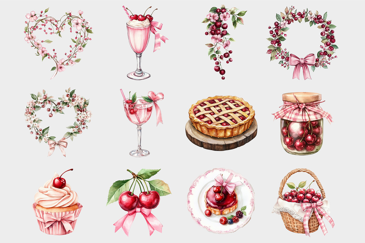 Watercolor Coquette Cherry Clipart, a Seasonal Illustration by Design Market (Photo 4 of 4)