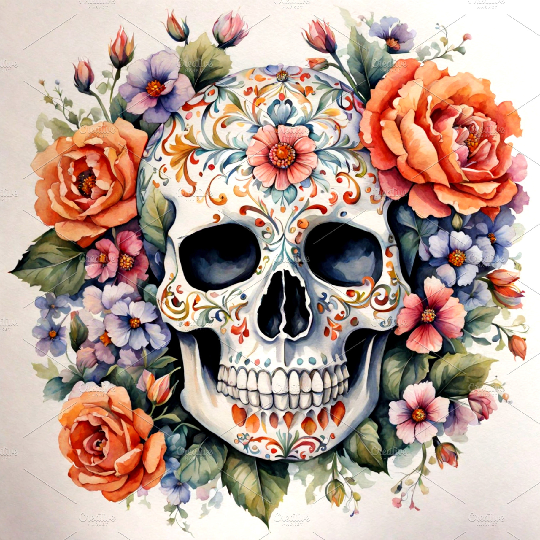 Vibrant Sugar Skull Surrounded by Colorful Floral Patterns, a Holiday Photo by Photostock