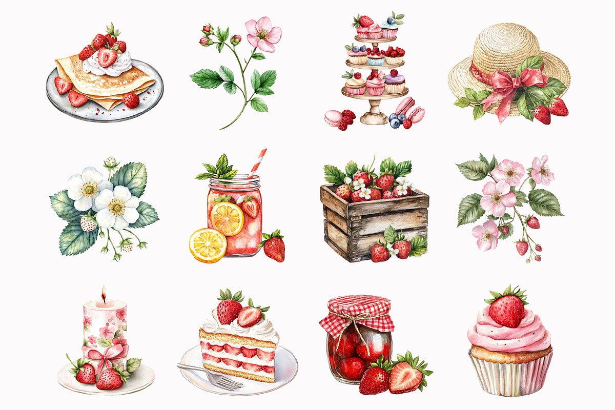Watercolor Strawberry Picnic Clipart, a Seasonal Illustration by Design Market (Photo 2 of 5)