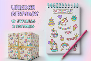 Unicorn Birthday Stickers & Patterns