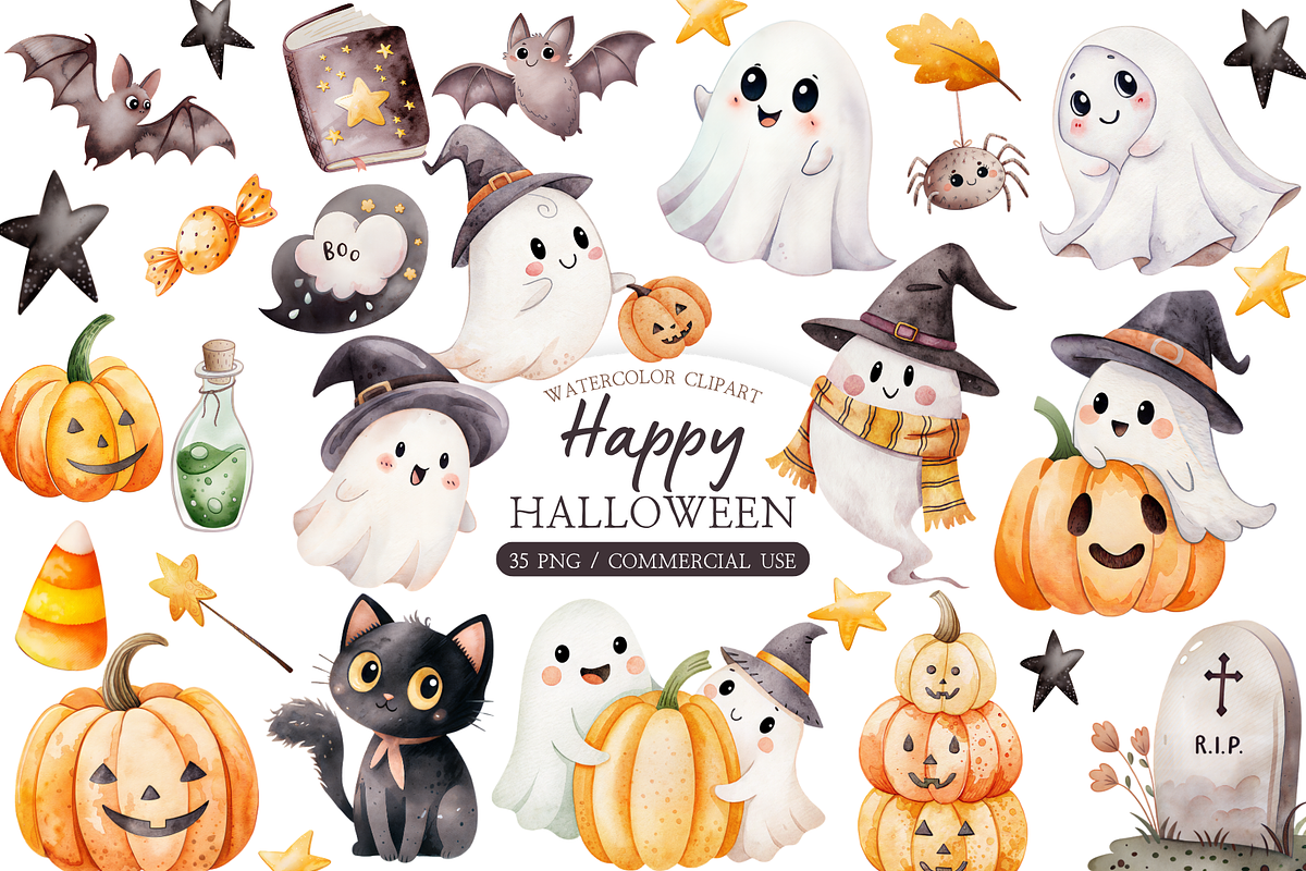 Watercolor Halloween Clipart PNG, a Seasonal Illustration by MockupWizard (Photo 1 of 5)