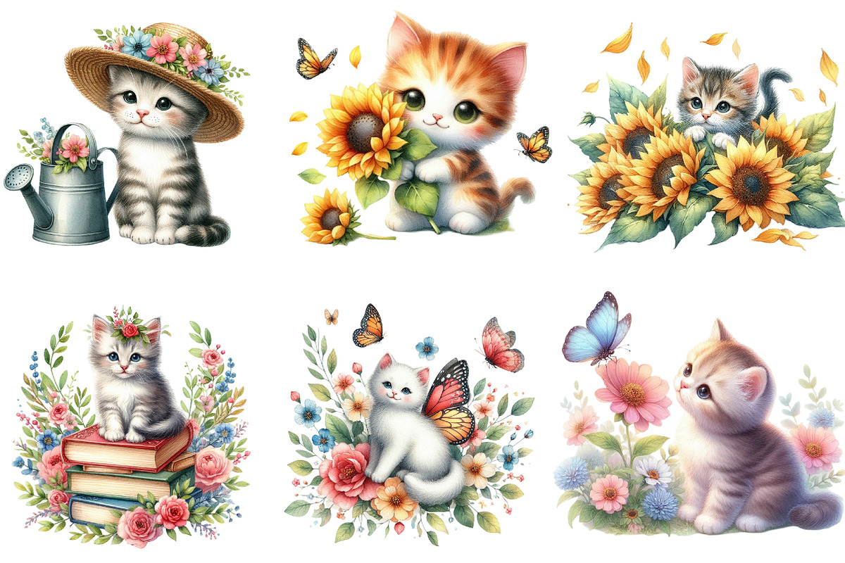 Floral Cute Cat Clipart Bundle, an Illustration by DreamArtGraphic (Photo 4 of 4)