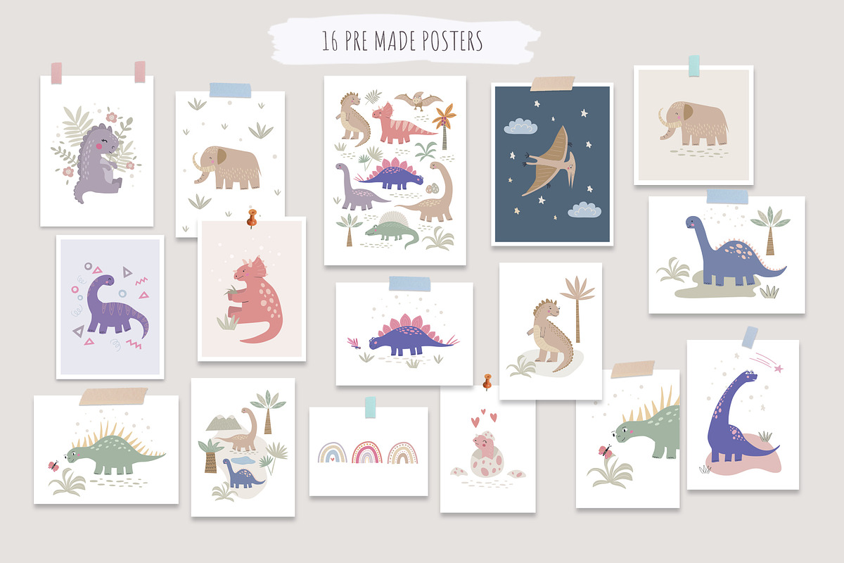 CuteDino clipart, patterns & posters, an Animal Illustration by Nadezhda Mikhailova (Photo 7 of 14)