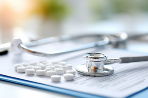 Stethoscope and medicine on medical forms in a bright healthcare setting, a Photo by AlyaAnd