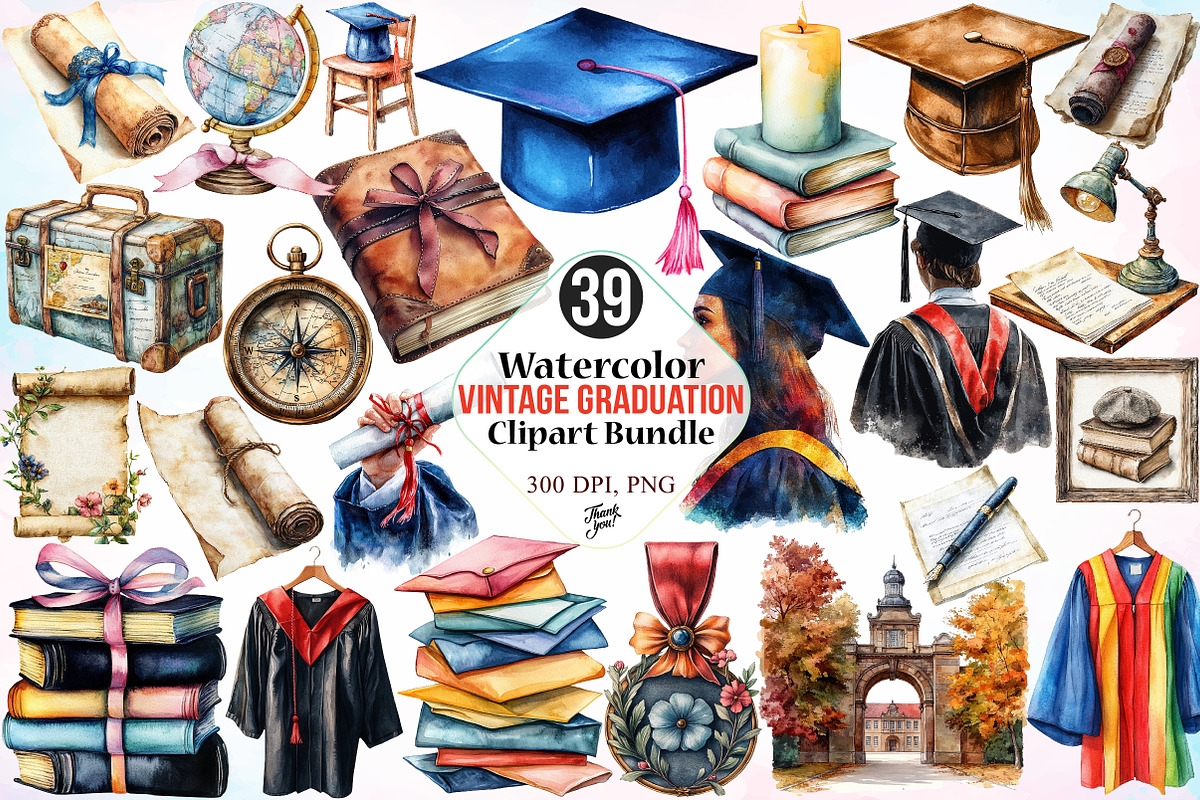 Watercolor Vintage Graduation PNG, an Education Illustration by Canvas Craft (Photo 1 of 3)