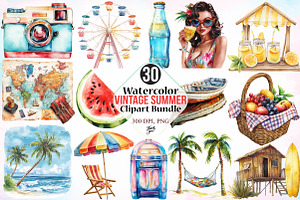 Watercolor Vintage Summer Clipart, an Illustration by Canvas Craft