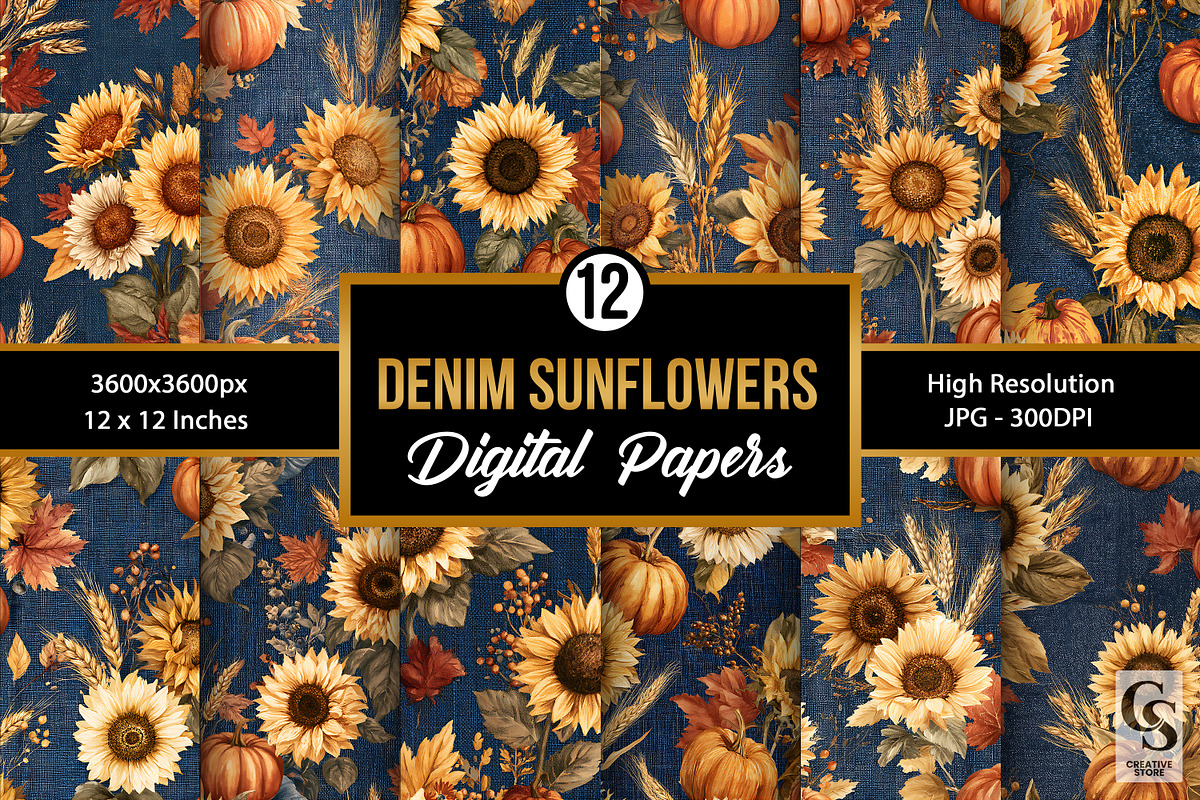Denim Fall Sunflowers Digital Papers, a Pattern Graphic by Creative Store (Photo 1 of 5)