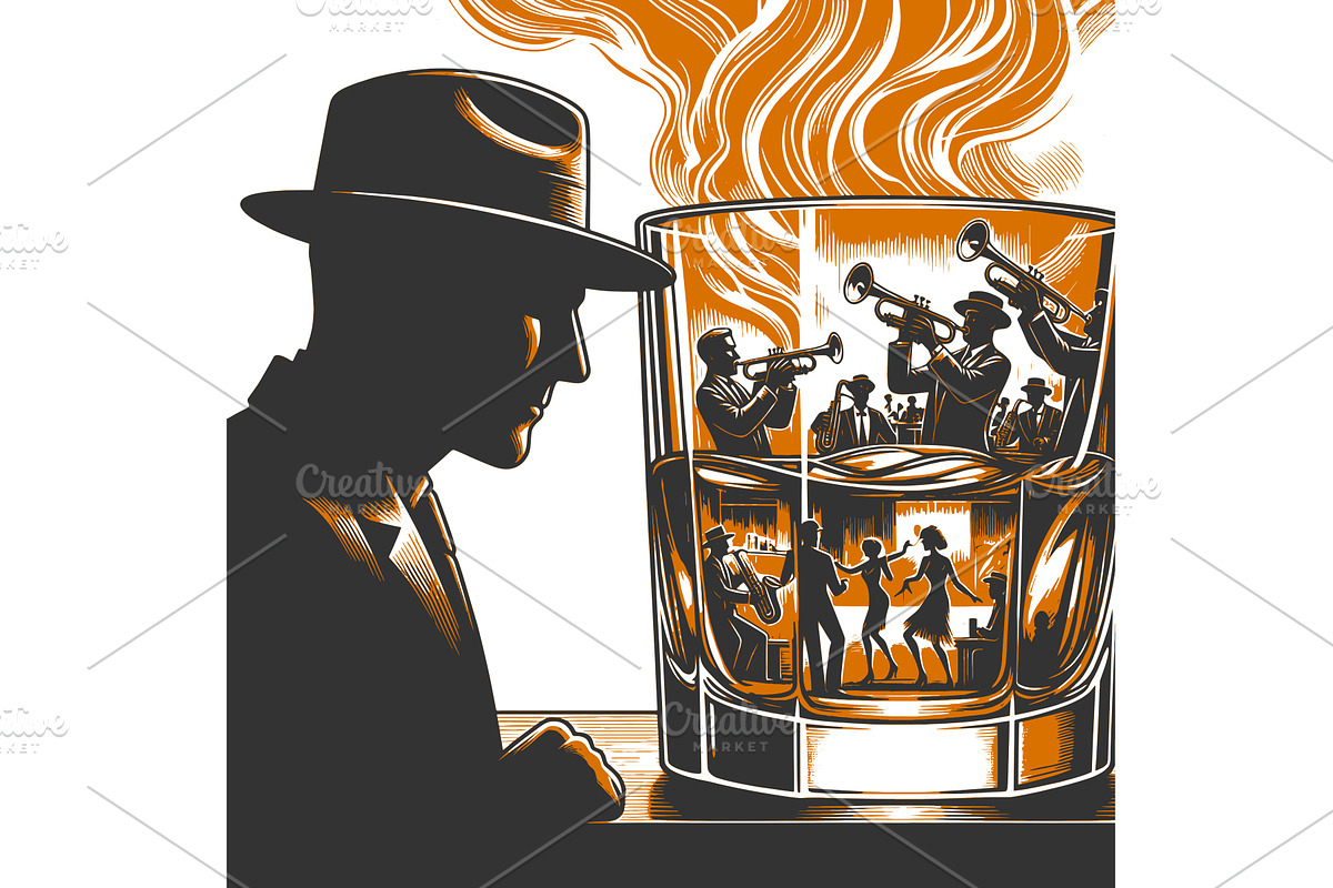 Jazz Scene Reflected in Glass of, a Person Illustration by AlexArt