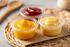 Colorful sauces in cups on burlap mat, a Food & Drink Photo by AlyaAnd