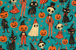 Vintage Halloween pattern with dressed skeletons, witches, black