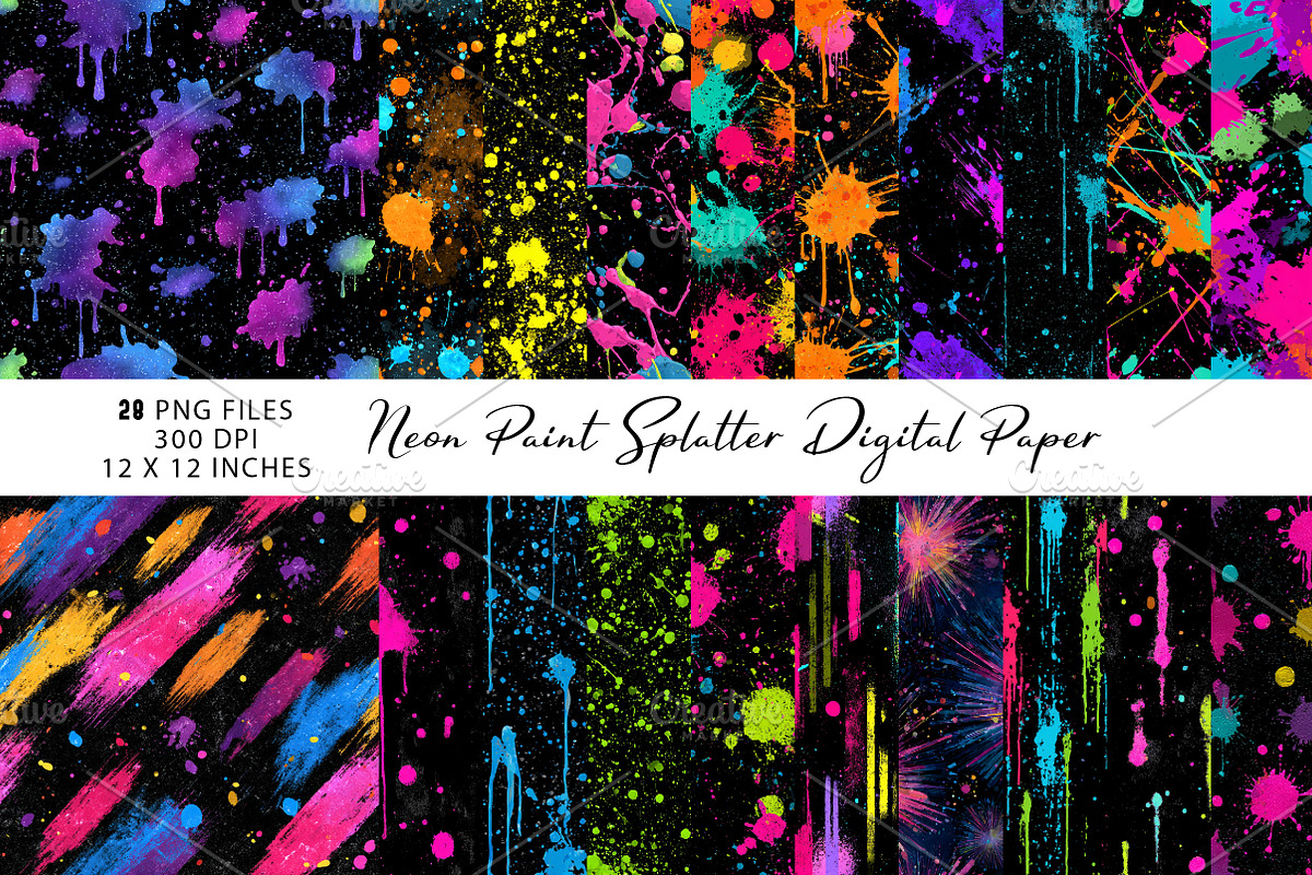 Neon Paint Splatter Digital Paper, a Pattern Graphic by CreationArt (Photo 1 of 5)