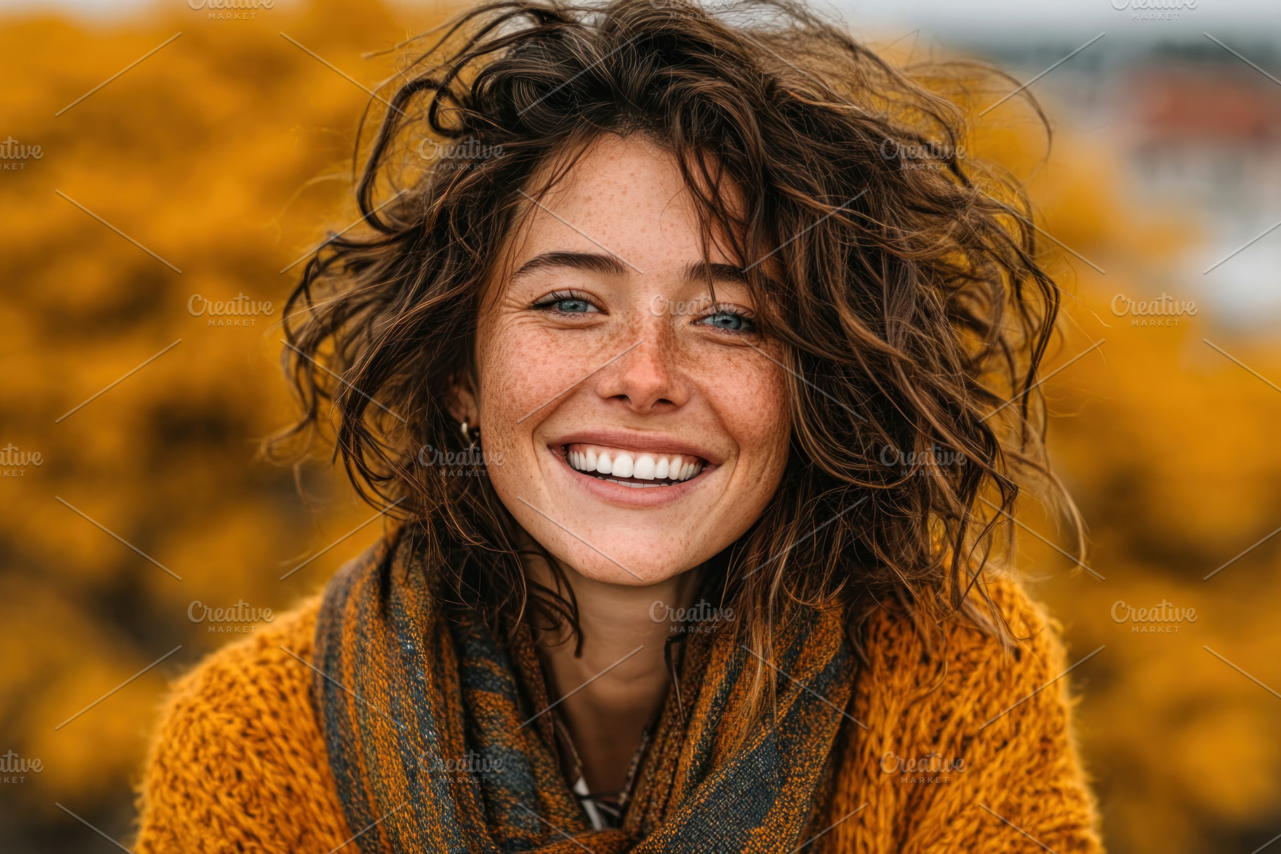 Closeup portrait of joyful woman with curly hair and freckles we, a Person Photo by José Manuel Gelpi