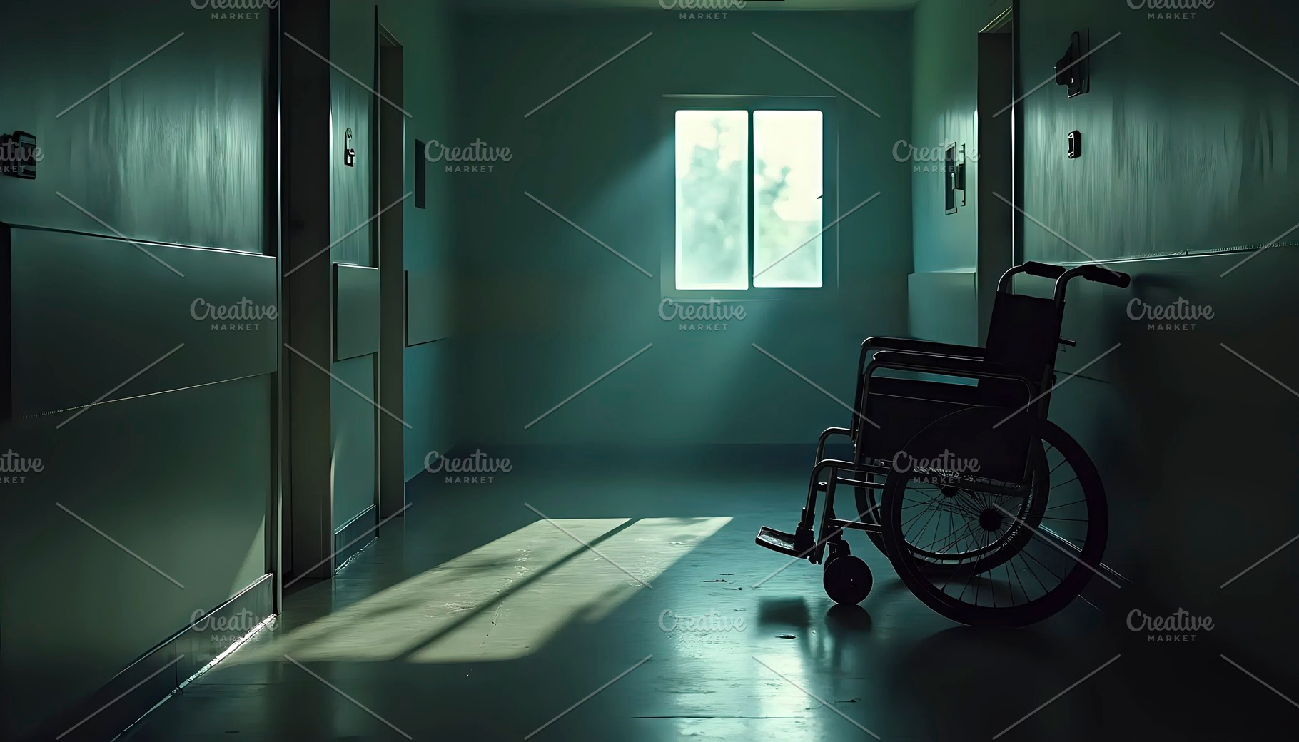 A dimly lit hospital room with an ol, a Photo by LOGOCREATIVE