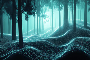 A surreal forest scene with glowing blue lights illuminating the ground, surrou, a Photo by Textures & Backgrounds
