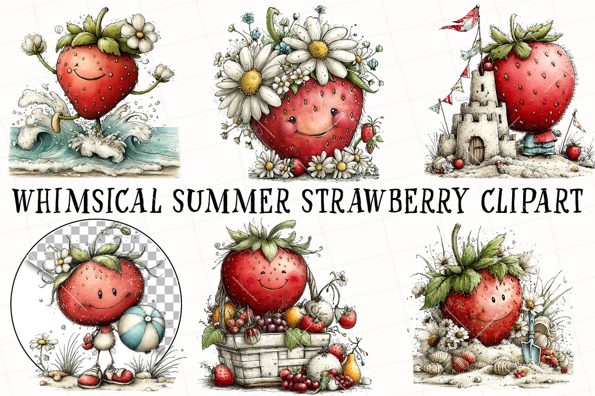 Whimsical Summer Strawberry Clipart, an Illustration by OK Design (Photo 2 of 6)