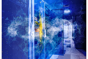 Connect dotted network with blurred server and storage in datacenter background, Technology, communication and business concept