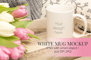 White Mug w Tulips on Tray Mockup