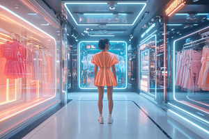 Woman in futuristic store.  Neon lig, a Background Photo by Pixeness Studio