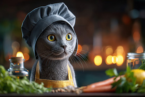 Grey cat stands in a cozy kitchen preparing for culinary adventures with fresh, an Animal Photo by AlyaAnd