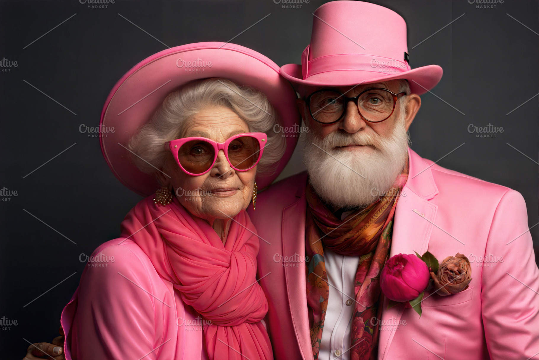 Stylish elderly couple in pink outfits and accessories on dark b, a Person Photo by ImageMir