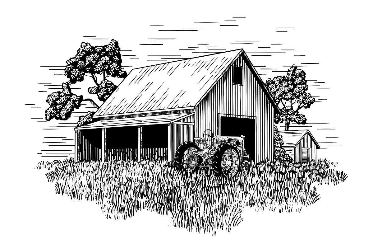 Old Farm Tractor and Barn, a Transportation Illustration by blue67sign (Photo 1 of 2)