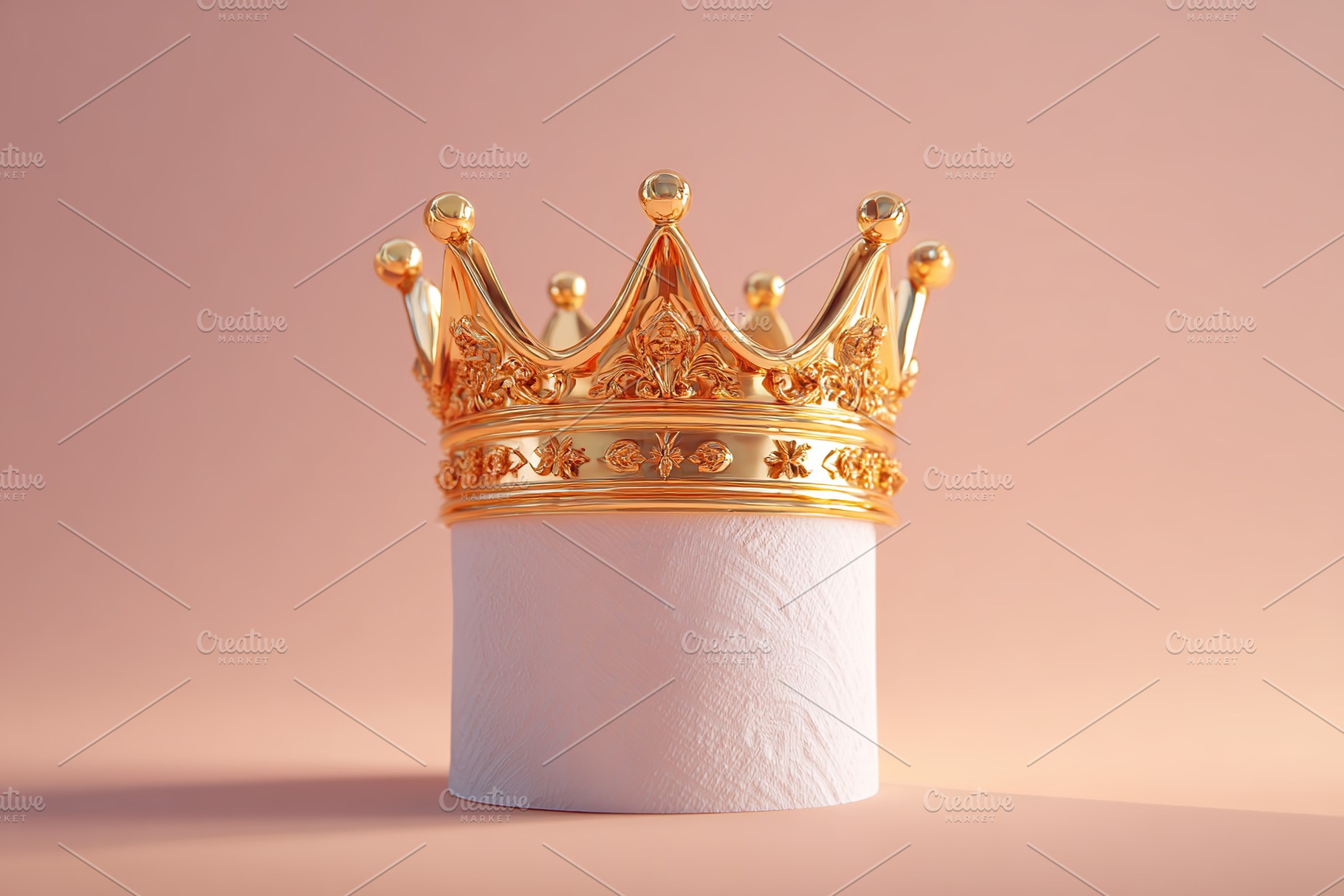 Dramatic golden crown beautifully placed on a pedestal against a soft pink back, a Photo by AlyaAnd