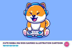 Cute Shiba Inu Dog Gaming Cartoon