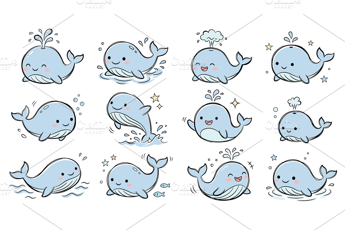 Cute Whale Cartoon Doodle Set svg, an Animal Illustration by Ghagra (Photo 2 of 3)