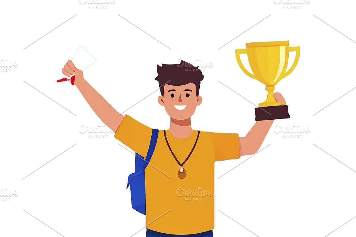 Student standing on a podium holding a diploma or trophy., an Education Illustration by DanFLCreativo