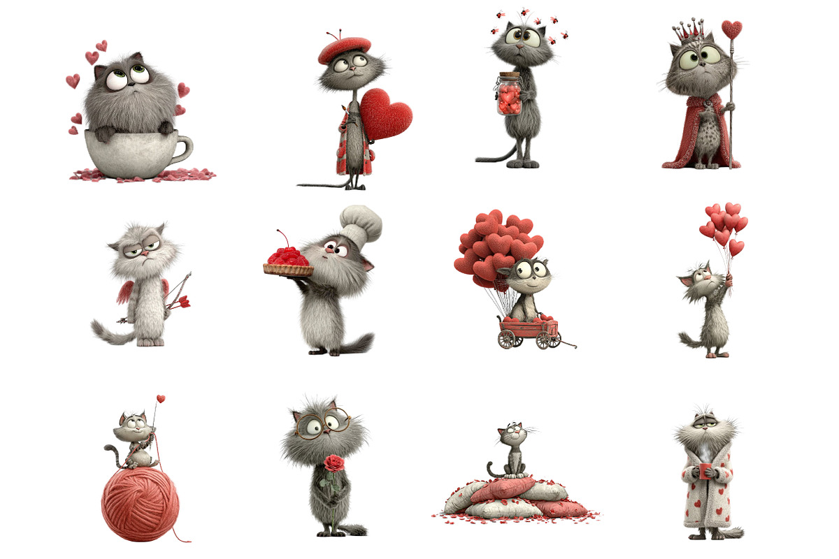 Whimsical Cats Valentines Day Clipar, an Illustration by DreamArtGraphic (Photo 4 of 4)